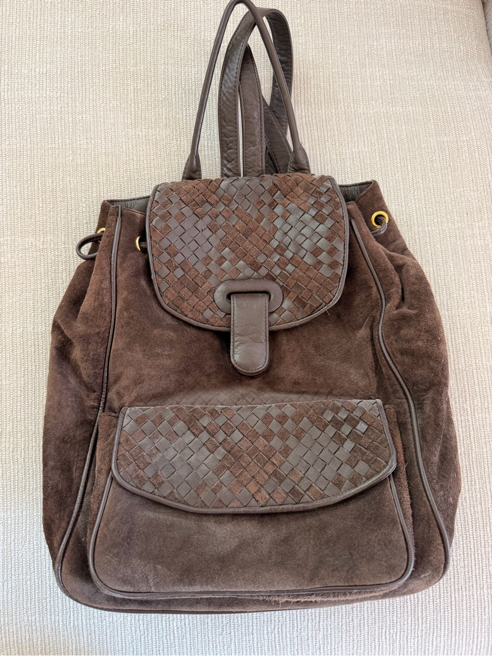 Women’s Brown Suede and leather Woven-Accent Backpack